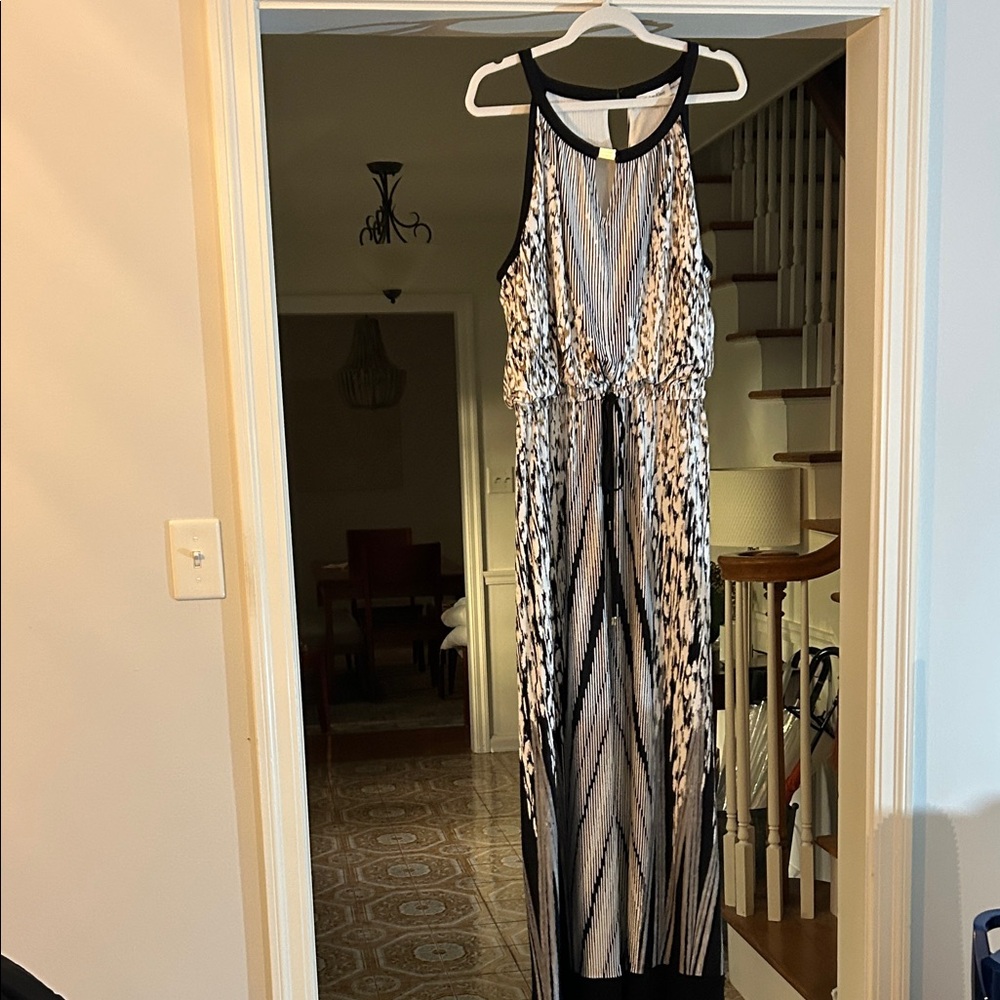 Calvin Klein Black, White, and Tan Abstract Animal Print Maxi Dress